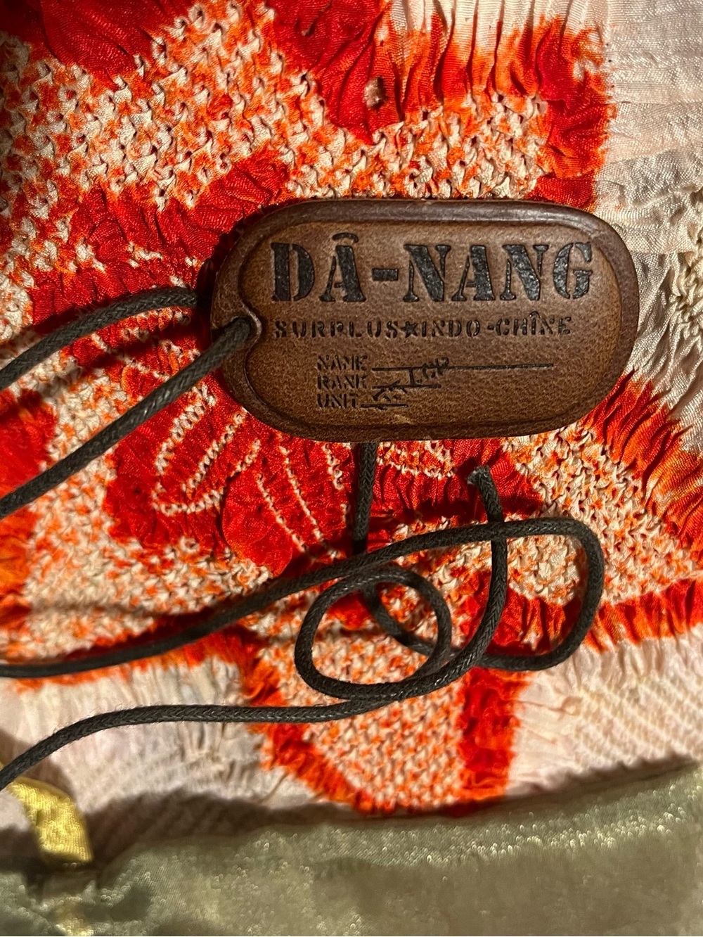 VINTAGE  DA-NANG Surplus Embossed Leather DOG TAG Necklace on Waxed Cord